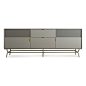 Dang 2 Door / 2 Drawer Console : Perforated steel door front allows use of remotes without spoiling the view.  Brass details and powder-coated steel base.