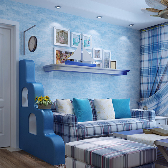清爽的海蓝色，地中海风格浓郁的小客厅