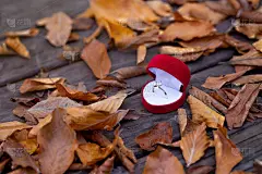 一个浪漫的纸牌戒指盒在秋天的树叶