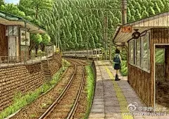 松本忠——日本铁道画家。通过旅行，将沿途风景定格在插画中。作品集“铁道油漆插画” 清新自然，展现出日本福岛县沿铁路的美丽景色；列车之旅，沿途不经意的风景，樱花飞舞的无人车站，塑造出节奏强烈的风景线。#求是爱设计#