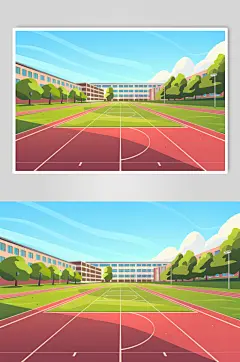 AI数字艺术扁平风校园球场操场插画-众图网