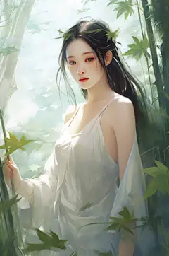 AI数字艺术创意夏季竹林中的汉服中国风美女人物人物插画