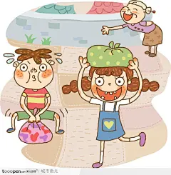 简笔画儿童插画－拎着布袋子的男孩和女孩