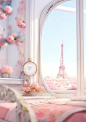 eiffel tower and roses embroidered in the ceiling of a bedroom, in the style of tilt-shift lenses, curved mirrors, pinkcore, charming character illustrations, mirror, aesthetic, porcelain