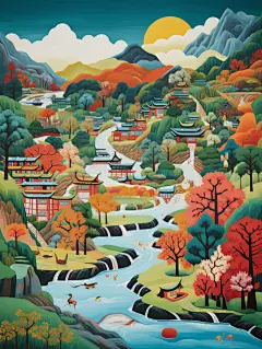 中式山水乐园村落艺术水彩
