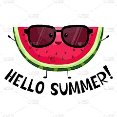 Phrase Hello summer. Watermelon in cartoon style. 