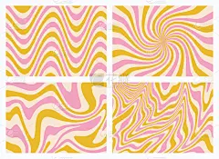1970年的Groovy背景设置黄色和粉红色彩虹线。手绘的波浪漩涡矢量插图。年代风格的壁纸。平面设计