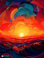 数字色彩海平面夕阳艺术Midjourney绘画描述关键词：-Ai宇宙吧