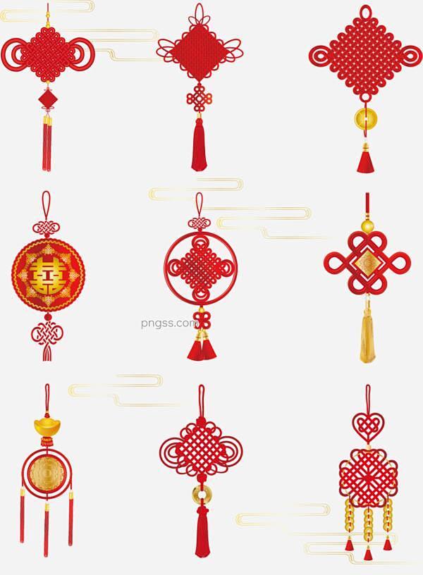 手绘中国风中国结元宝铜钱吊坠装饰套图元素...