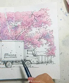 钢笔淡彩水彩教程 
樱花树下小过程。
本：paper mood风琴本
颜料：赫尔拜因
笔：herend r-7500 12号 ​​​​