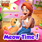 可能是包含下列内容的卡通画：上面的文字是“Family Farm Adventure Meow Time!”