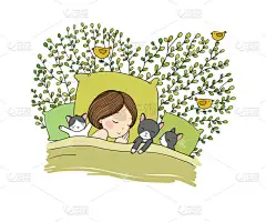 熟睡的女孩和猫在床上。晚安.