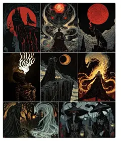 黑暗哥特式幻想插图
--sref 2046525074
 黑暗的 哥特 幻想 大胆的 对比色 神秘 怪异 喜怒无常 红色的 黑色的 不祥的 超现实的