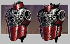 Iron Man (2006) - Iron Man Mk 3 Suit Mechanicals, Phil Saunders : I spent a lot of time working out how the internal mechanicals of the Mk 3 suit might look, as well as how the major components might expand to allow Tony to fit in the suit, before we came