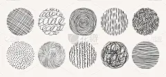 几何涂鸦的形状点，点，圆，笔画，条纹，线。一套圆形手绘模式。矢量纹理与墨水，铅笔，笔刷。社交媒体，海
