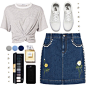 A fashion look from March 2017 featuring white short sleeve shirt, blue mini skirt and white skate shoes. Browse and shop related looks.