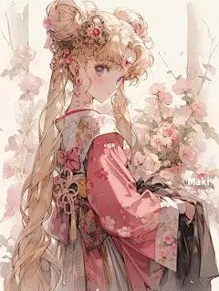 美少女战士 和服月野兔 水彩复古和服壁纸