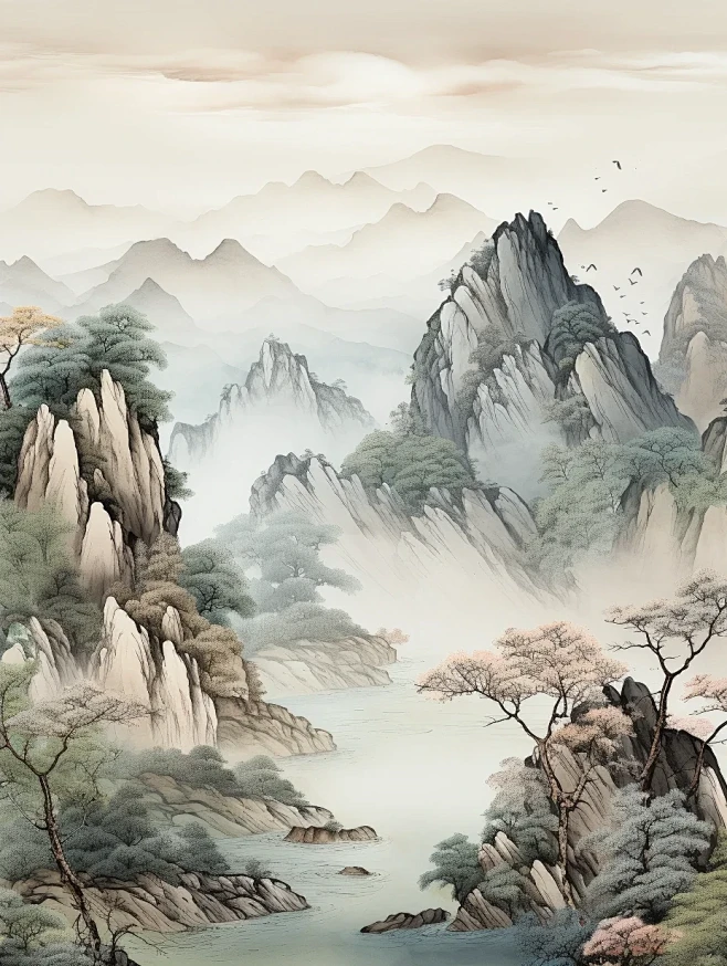 AI绘画｜水墨山水图（附关键词）-花瓣网