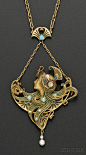 Art Nouveau - Pendentif en Or émaillé - Diamants, Opales et Perle - Lucien Gautrait: 