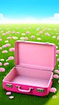 A-open-empty-pink-suitcase-on-the-wide-grass-surrounded-by-flowers