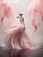 a fashion supermodel stands confidently as colossal flamingo feathers gracefully cascade around her. The tranquil sound of flowing water complements the majestic beauty of the scene, while soft, diffused light envelops the surroundings, casting a gentle g