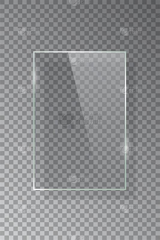 逼真的3d垂直矩形玻璃框架孤立在灰色透明...