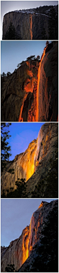 [] 马尾瀑布（Horsetail Falls） 位于约美国塞米蒂国家公园（Yosemite Park）内，每年只有二月份的几天，当太阳与瀑布达到一定的角度是就会出现这种奇观，犹如瀑布着火一般。