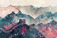彩绘长城风光绘画图片