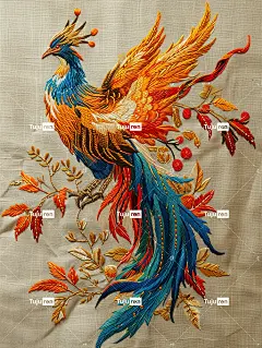 金橙红蓝凤凰，镀金，流动的火焰中国刺绣工艺海报