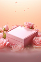 An empty pink gift box surrounded on roses, in the style of realistic landscapes with soft, tonal colors, editorial illustrations, resin, subtle gradients