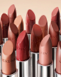 Several natural colored lipsticks (pink, rose, brown, terracotta, etc.) of different finishes (matte, satin, etc.)