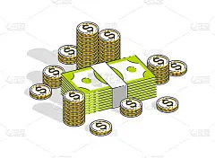 现金、美元堆和硬币、美分堆在白色的背景孤立。矢量三维等距商业和财务插图，细线设计。