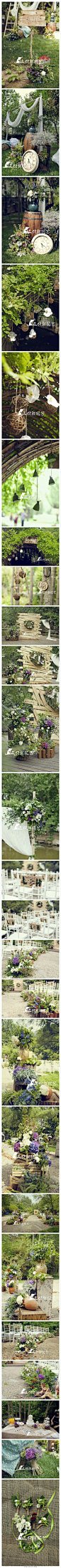 【紫色森系主题婚礼 梦想中的安静花园】郁郁葱葱的林间，一场精心布置的森系婚礼。木桩、陶罐、花器，枝枝蔓蔓的花草，构成了梦想中安静的花园。蓝紫色的绣球花，一团团在视野中，是这个夏天最热情的祝福。感谢三只熊花艺-沁园恒硕 的分享http://t.cn/RPg5Re0