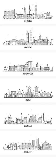 29款线性欧洲国家城市标志性欧式建筑轮廓描边插画AI矢量素材-淘宝网