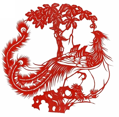古典中国风红色龙纹龙龙金色龙凤凰剪纸 P...