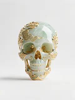 图形海报设计，主体部分是一个由和田玉镶嵌的黄金祥云纹理构成3D立体“骷髅头”图案，颜色主要为玉石颜色搭配一点金色装饰，搭配祥云纹理，呈现出高极感与奢侈感，暗示金镶玉产品的高贵属性。细节丰富，质感优越，背景为浅白色，无任何文字，使主体更加突出。