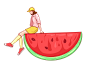 夏日扁平可爱坐在西瓜上的女孩夏至手绘插画