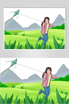 春季踏青放风筝人物插画