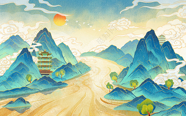 国潮山水背景国风风景插画手绘新中式山水画...