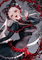 Anime 1280x1810 Overlord (anime) anime girls 2D small boobs vertical long hair grey hair black dress vampires open mouth laughing shalltear bloodfallen  looking at viewer fan art red eyes blood anime