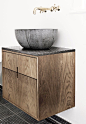 Rustic wood vanity - Stone sink - Brass wall mounted faucet hardware  更多精彩关注微-信：vzizhiyu