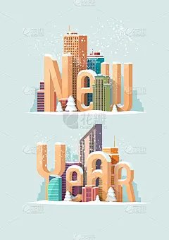 新年贺卡。冬季城市景观和大字母。