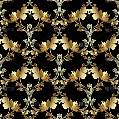 黄金皇家3d巴洛克矢量无缝模式。花卉的哒