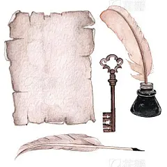 Watercolor illustration. An old sheet of paper with inkwell, feather pend and old keyWatercolor illustration. An old sheet of paper with inkwell, feather pend and old key. Antique objects.