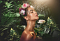 Flower crown and woman in studio for skincare beauty and relax zen and cosmetics in jungle skin rose and mexican girl model pamper treatment and organic natural and product in nature aesthetic