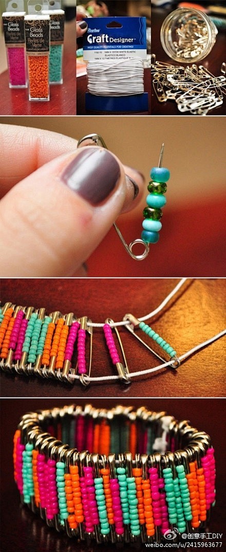 用别针和彩色的小串珠就能串出美丽的手镯`...