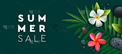 夏季大减价横幅上有棕榈、鸡蛋花。背景海报，传单，卡片，明信片，封面，矢量图像
