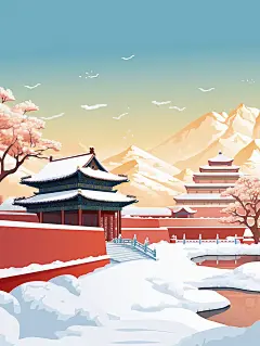 冬天的故宫，东方建筑，白雪和深红色的墙壁相互映衬海报