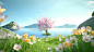 Spring ，flower ， sea ，wide-angle ，3d rendering ，Unreal Engine ，octane render ， behance