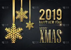 贺卡，2019年新年和圣诞节快乐的邀请。金属金色的圣诞雪花，装饰，闪闪发光的五彩纸屑在黑色的背景。矢